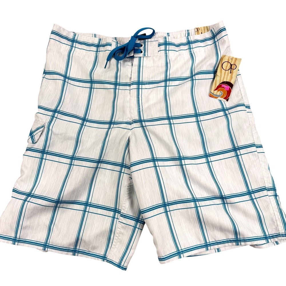 Op Swim Trunks Shorts Mens Large White Plaid Mesh Lined 22" Outseam Boardshorts
